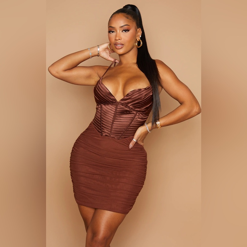 Shape Chocolate Brown Satin Pleat Detail Corset Bodycon Dress
